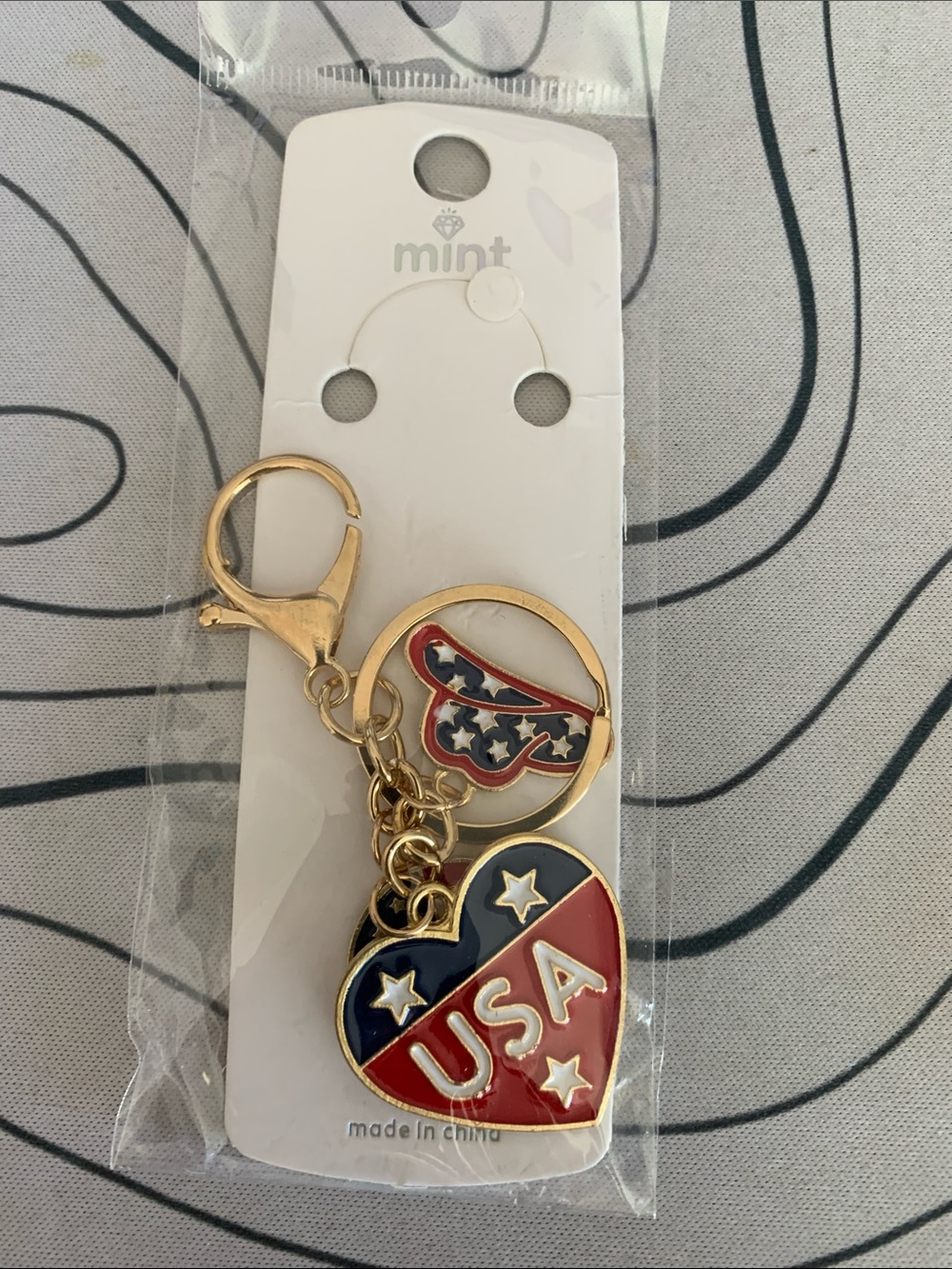 Mint Gold-Tone USA Heart Keychain Charm in Red & Blue